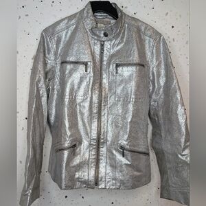 Silver Leather Jacket w Zippers By Chico's Size 2 EUC